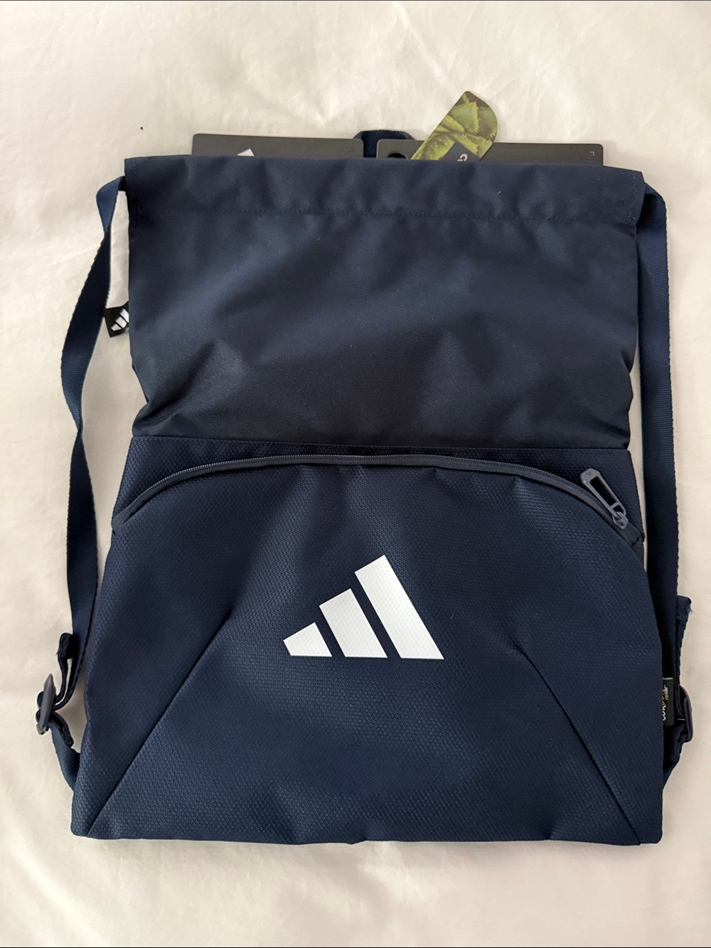 adidas Navy slim Backpack with White Logo and front zipper pocket